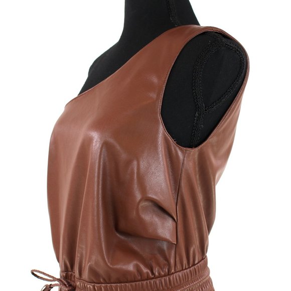 Mother Landside Hover Brown Faux Leather One Shoulder Belted Straight Jumpsuit S - Picture 4 of 9